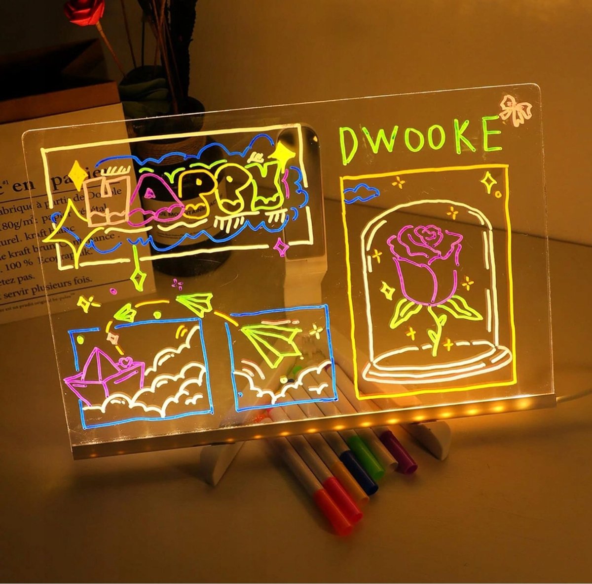 LED-notitiebord met Kleuren - 20x30 cm - USB Oplaadbaar Memobord & Notitiebord met 7 Markers - Verlicht Schrijfbord & Nachtlamp