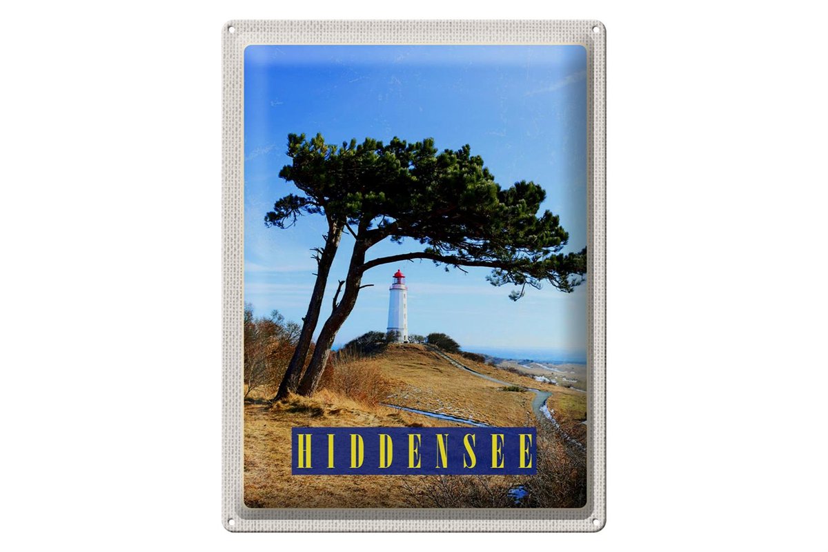 Blechschild Reise 30x40cm Hiddensee Leuchtturm Baum Weide Wiese
