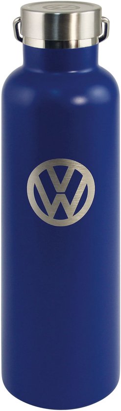 Donkerblauwe thermosfles met zilverkleurig VW-logo.