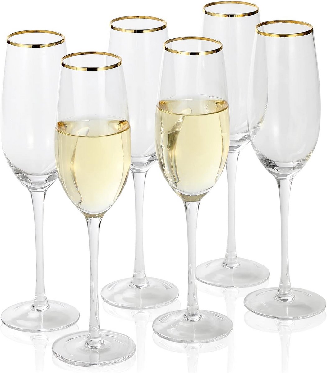 Luxe Champagneglazen Set van 6 met Gouden Rand - Kristallijn en Handgeblazen