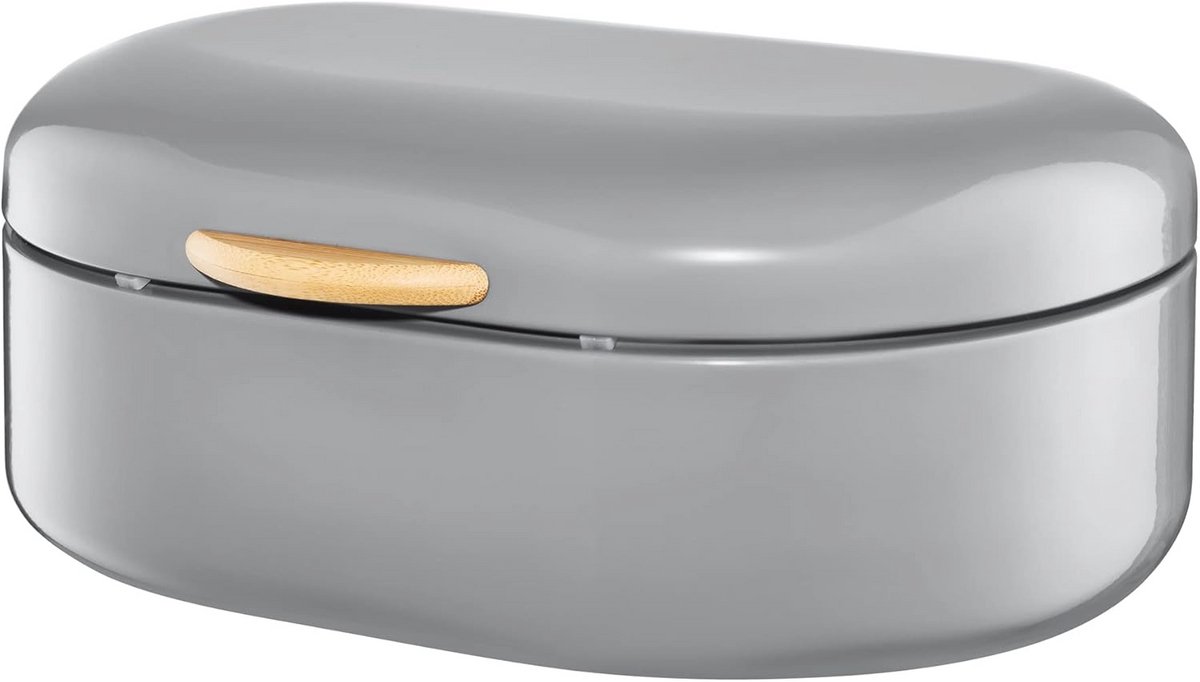 Grijze Broodtrommel 35 x 24 x 14,5 cm - Roestvrij Staal met Bamboe Handvat