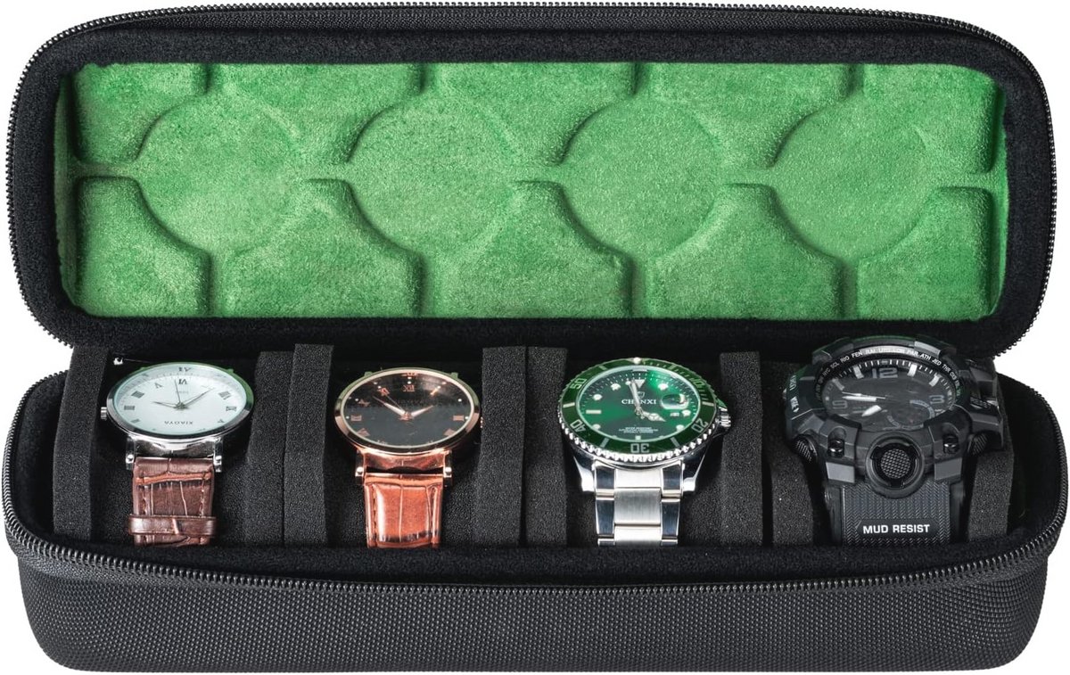Harde mannen horloge opbergdoos voor 4 horloges - Draagbare opslag organizer met zachte schuim kussens