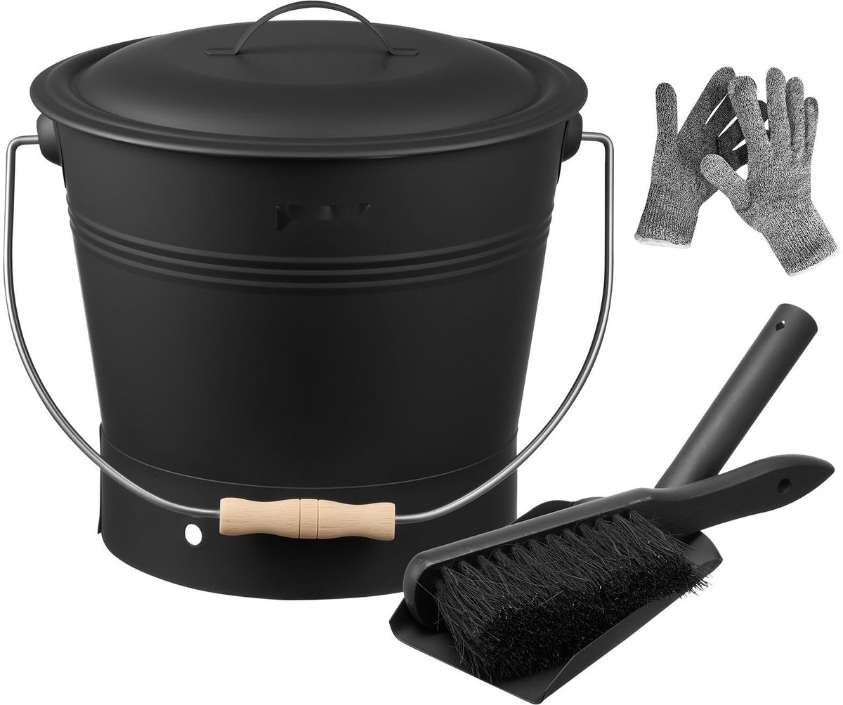 As Emmer / Kolenemmer met Deksel - 4-Delige Set - 9,8 L Inhoud - Inclusief Schep, Bezem, Handschoenen - Hittebestendig Metaal - Voor Open Haard, Vuurkorf, Houtkachel