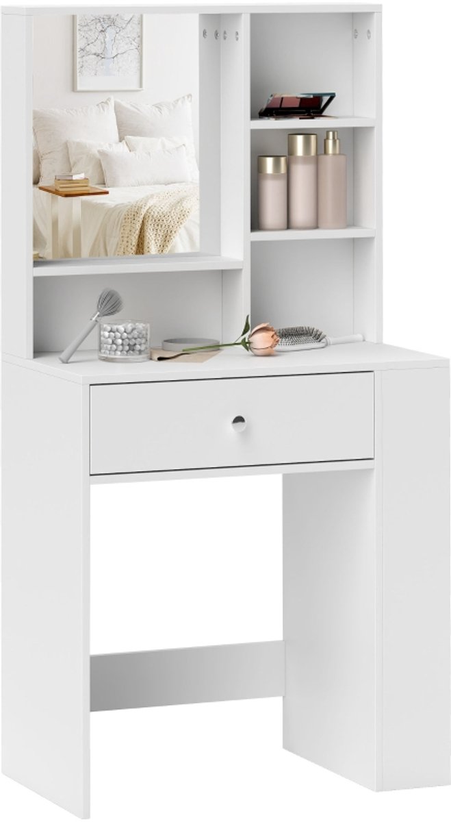 MODFU Kaptafel 70B x 40T x 137H cm van spaanplaat, wit, met spiegel, lade en 3-traps zijplank, modern ontwerp