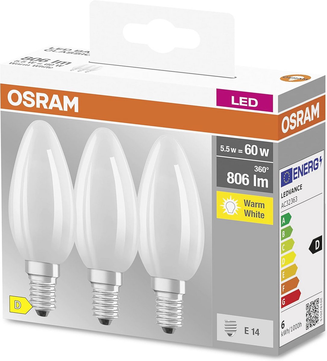 E14 Filament Lamp Matte Glass Warm White 2700K 806 Lumens 3-Pack