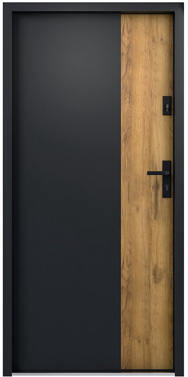 Vente-unique Voordeur van vol staal H 207 x L 100 cm - Zwart en eikeneffect - 55 cm dikte - Draait links open - MABENA