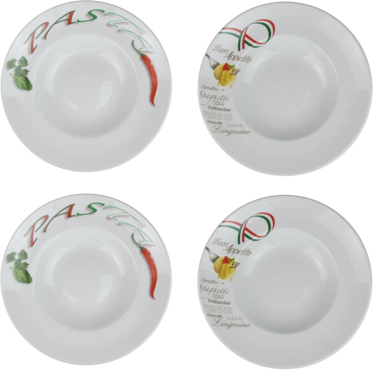 Set van 4 XL pastaborden met decoratie - 30 cm, inclusief lepels