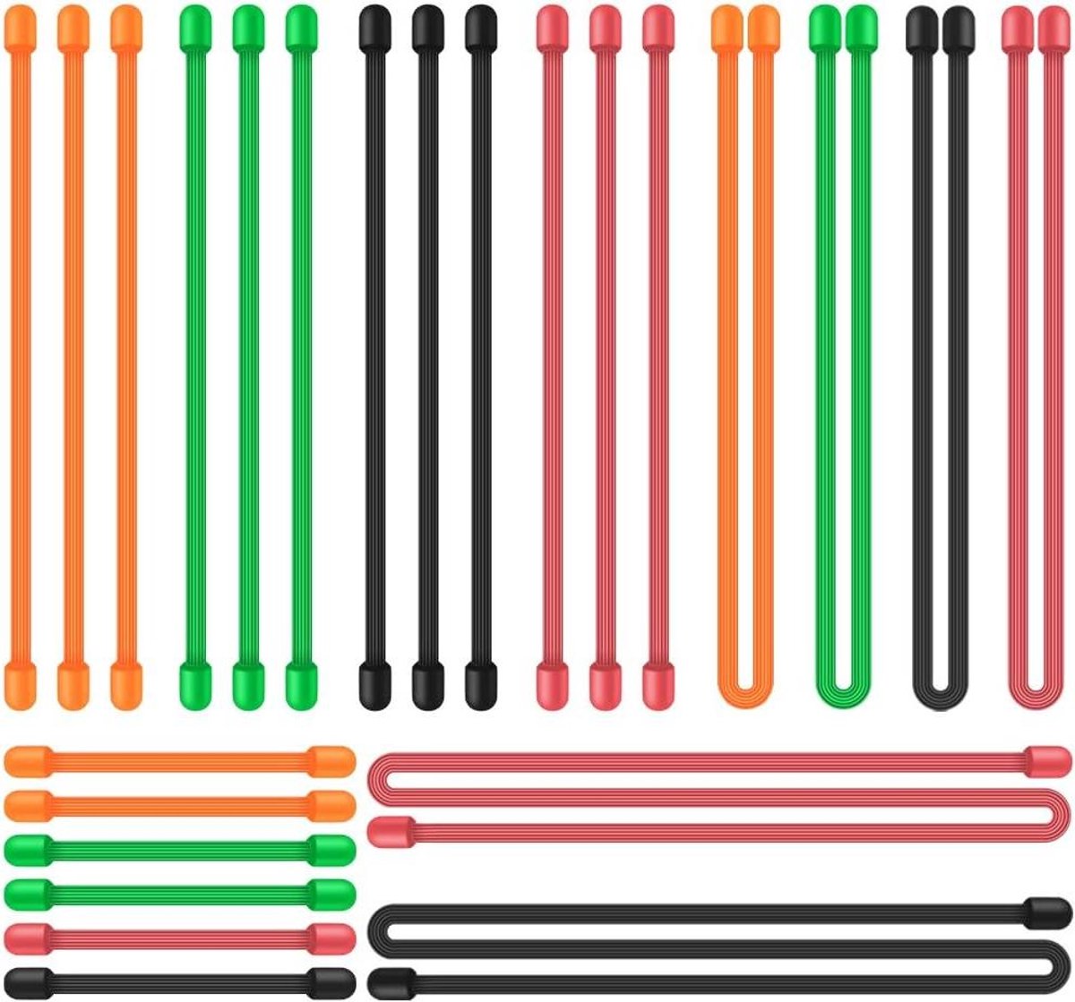 Allecta - Herbruikbare 24-delige siliconen kabelbinders voor koordbeheer - zwart, groen, oranje, rood.