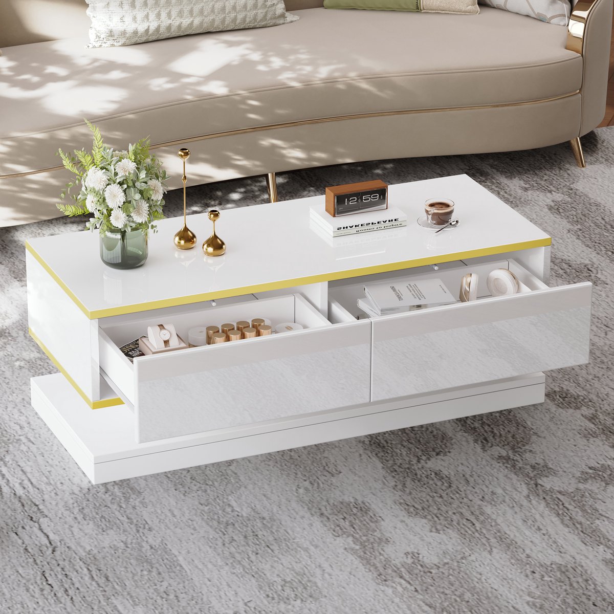 FLIEKS 100x50x38 cm woonkamer salontafel - salontafel met 2 grote lades - witte koffietafel met gouden rand - bijzettafel