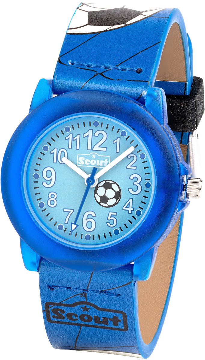 Scout Kinderuhr analog aus der Serie "Crystal" mit blauem Kunstlederband mit Fussball-Motiven und Quarzwerk
