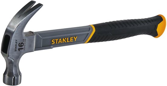Grijze en zwarte klauwhamer met gele accenten en 'STANLEY' logo.