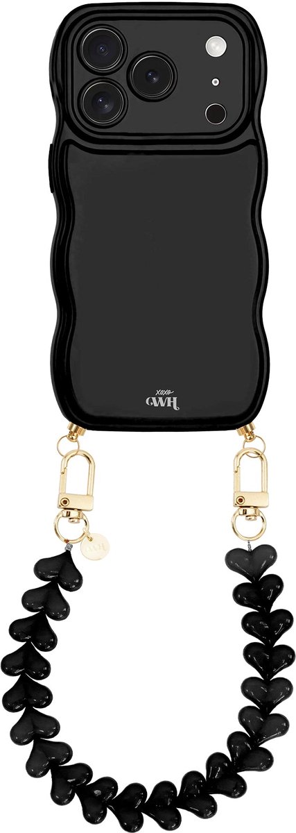 xoxo Wildhearts Glossy Wavy Cord Case Black - Funky Hearts (Zwart) - geschikt voor iPhone 17 Pro Max - hoesje met koord - telefoonkoord met hartjes - golvend hoesje - silicone case - schokbestendig - zwart