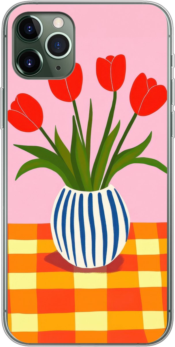 Telefoonhoesje Geschikt voor iPhone 11 Pro Max hoesje - Tulpen - Roze - Vaas - Siliconen Telefoonhoesje Telefoonhoesje