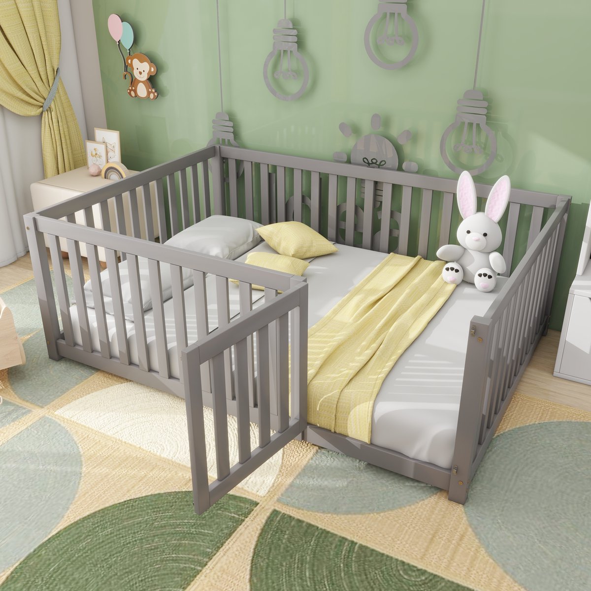 Babybedje - 140x200 cm - Houten Vloerbedframe - Met Leuning en Deur - Grijs - Open Ontwerp