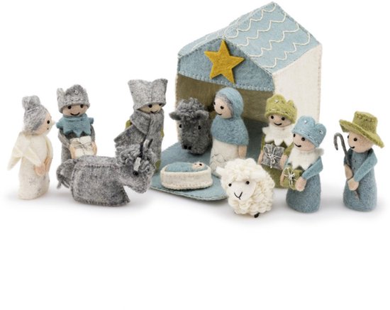 Mini Kerststal van vilt hoogte 15 cm - ijsblauw - 12 delig