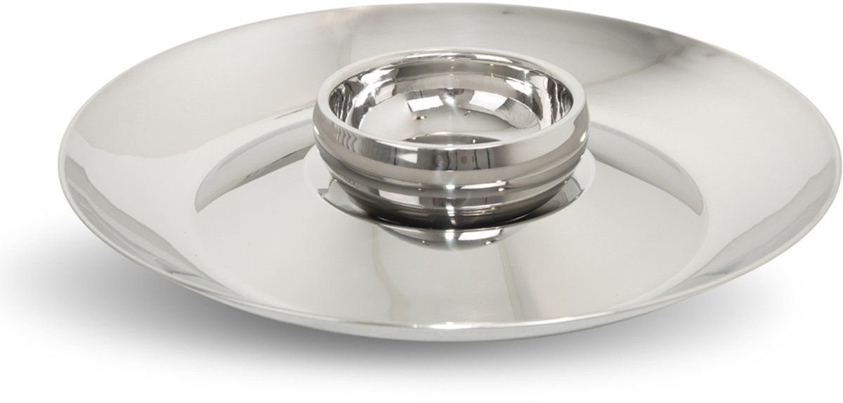 RVS Chip-&-Dip Serveerschaal – Enkelwandige Ronde Tray + Dubbelwandige Dipkom – Chic Horeca