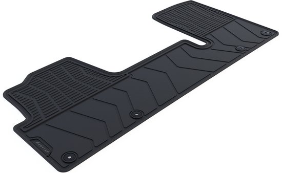 Tapis de sol en caoutchouc noir avec un bord surélevé et un motif géométrique, avec logo Kovvar.