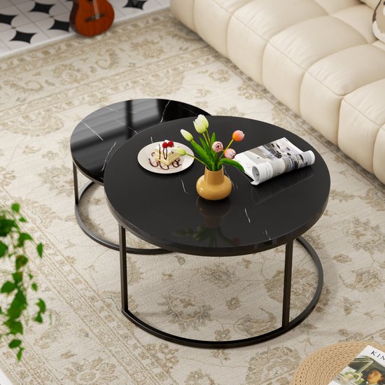 MODFU Moderne ronde salontafel set van 2, glanzend marmeren blad, zwart ...