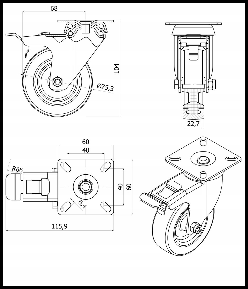 Magneet M72TPUH Zwenkwiel met Rem - 75mm