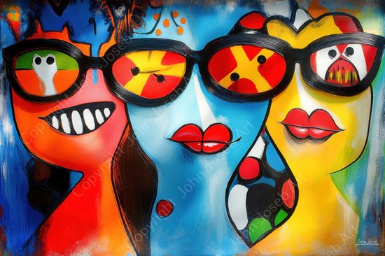 JJ-Art (Toile) 120x80 | Femmes drôles et excentriques à lunettes, style Herman Brood, abstrait, coloré, couleurs vives, femme, humain, humour, art, bleu, rouge, jaune, blanc, moderne | Impression sur toile Photo-Painting (décoration murale)