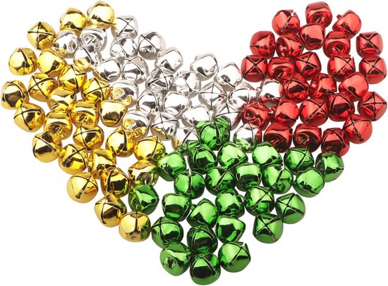 100 stuks - Kerstbelletjes - Kleurrijke metalen belletjes - Kerstversiering - Metalen belletjes - Kerstbelornamenten - Kerstboomversieringen - Huisdierdecoratie - Huisdecoratie - voor kerstboom, kransen, halsbanden - goud, groen, rood, zilver - 25 mm