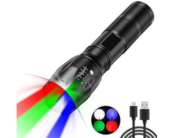 Multifunctionele Oplaadbare LED Zaklamp met Zoomfunctie - 4 Kleuren (Rood, Wit, Groen, Blauw)