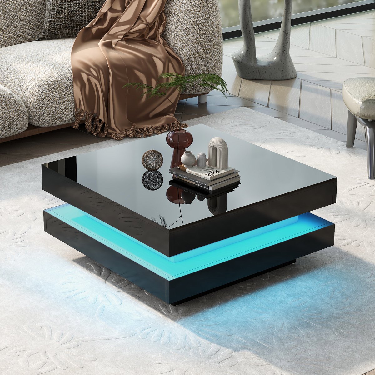 STILVORA Salontafels - Moderne Vierkante Salontafel Met 16 Kleuren LED - Tech-Stijl Woonkamer - 70x70x36 cm - Spaanplaat - Zwart