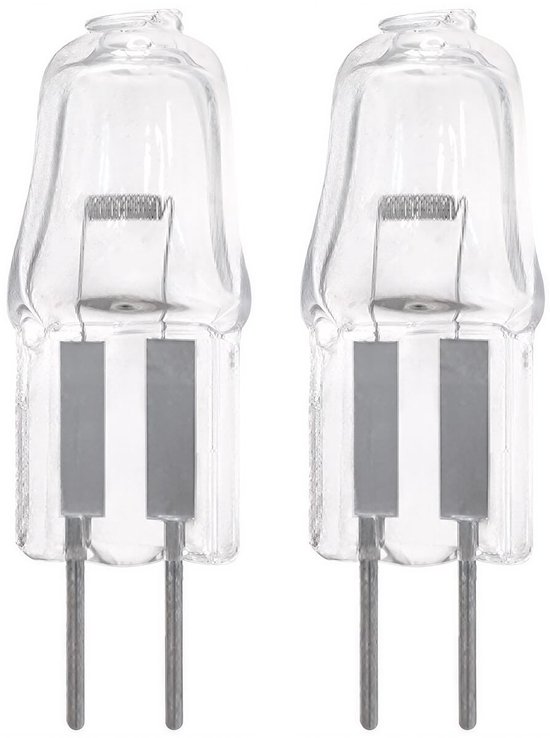 Twee G4 halogeenlampen met glazen kap en metalen pinnen.