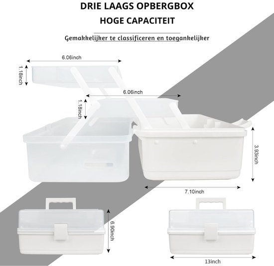 Creahaus 32 cm 3-laags multifunctionele opbergbox, sorteerbox, organizer box, knutselbox, naaidoos, medische koffer, toolbox, hengelkoffer met 2 legplanken (Wit