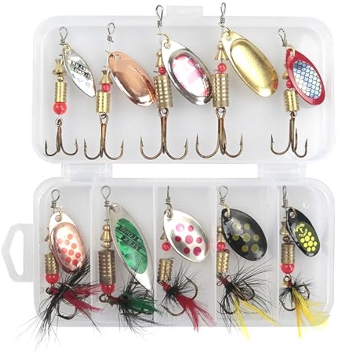 10 Stuks Spinner Visaas Set voor Forel, Baars, Zalm, en Snoek met Dreggen en Lokken