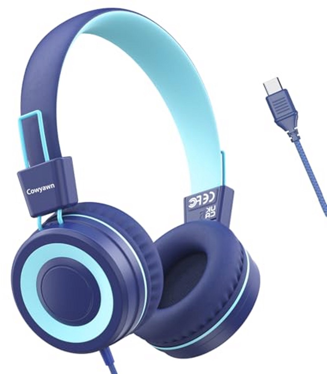 Cowyawn Kids Headphones, Upgrade USB Type C Kids Headphones for School, 94dB Volume Limit Wired On-Ear Headset for Kids/Toddlers/Kids/Teens/Boys/Girls, Blue