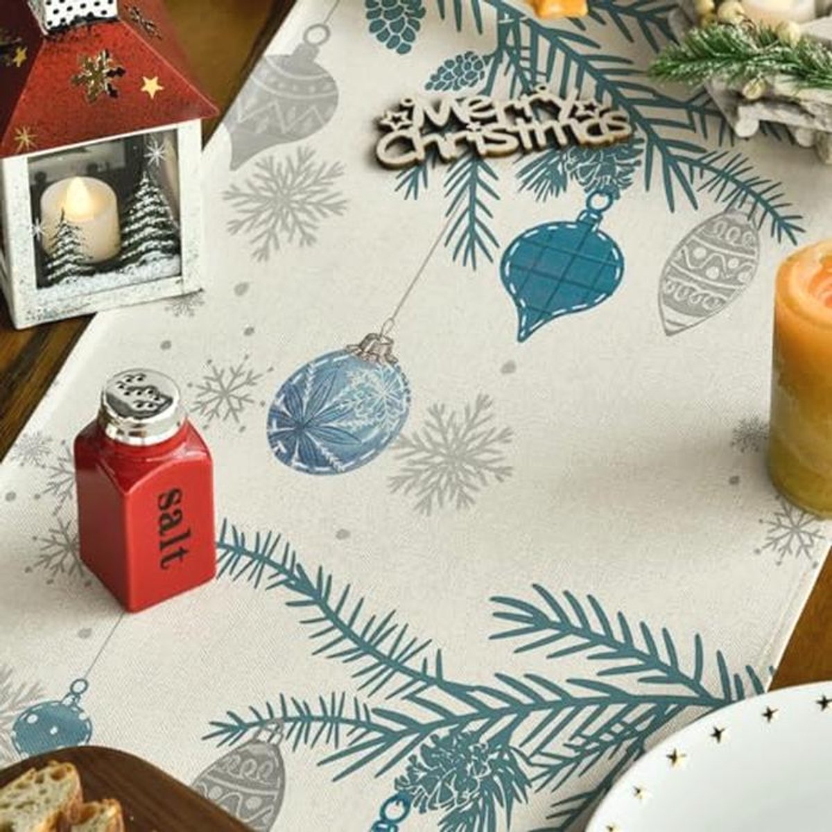 Tafelloper Kerstmis met blauw kerstmotief - 40x180cm