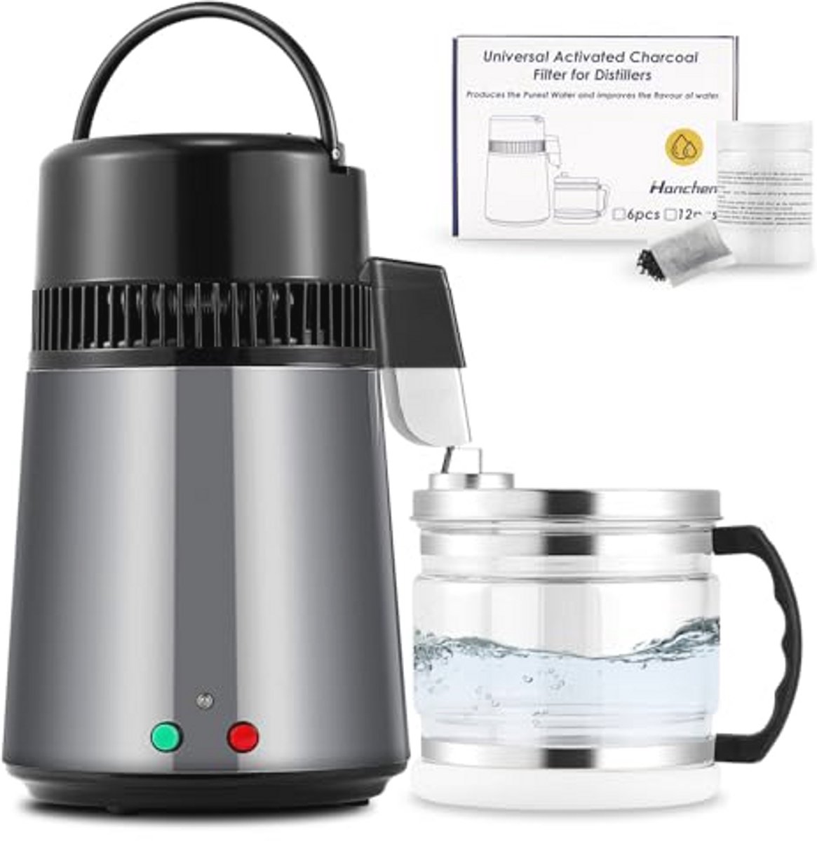RVS Waterdistilleerapparaat 4L met dubbele knop en koolstoffilter