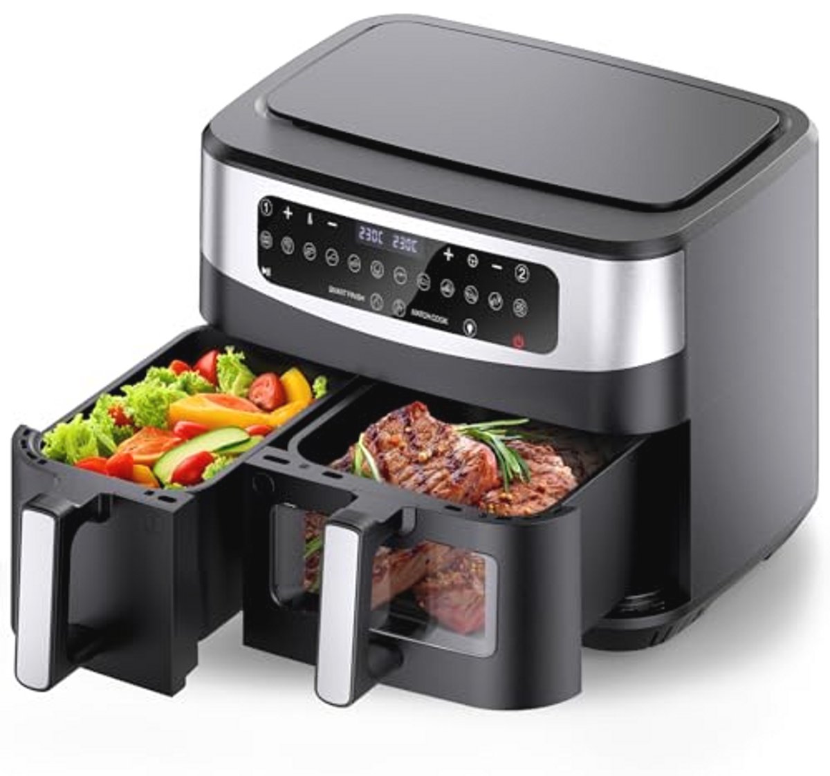 XXL Luchtfriteuse 10 liter met dubbele mand en touchscreen 12 voorgeprogrammeerde kookprogramma's