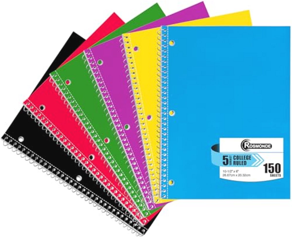 Rosmonde Notitieboek met 5 vakken College gelijnd, 6 voordeelpakket, 300 pagina's (150 vellen), 8 x 10-1/2 inch, 5 vakken college gelijnde spiraalvormige notitieboeken voor school en kantoor, dik