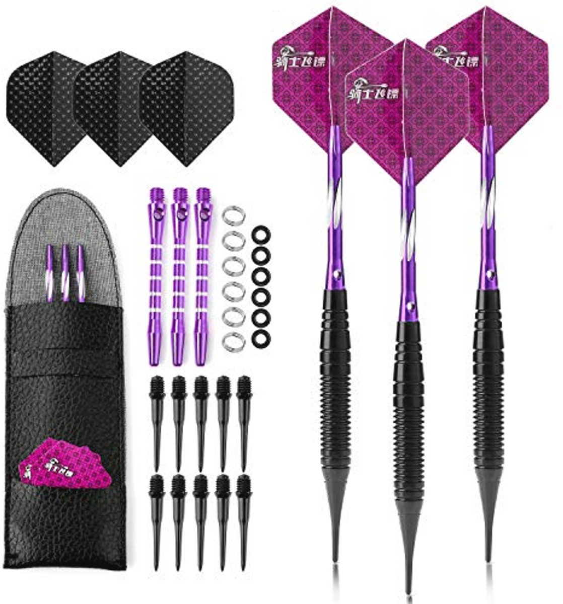 Dartpijlen Soft Tip 19g - 3 Stuks Zwart Gecoat Metalen Darts met Flights