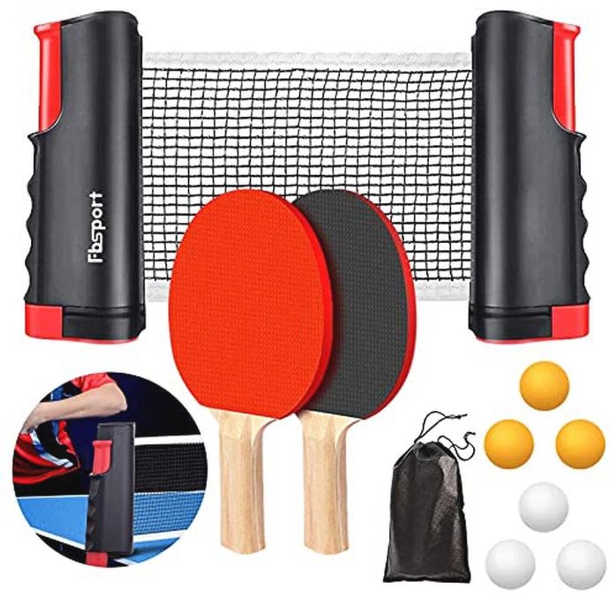 Professionele tafeltennisset met 2 batjes, intrekbaar net en 6 ballen