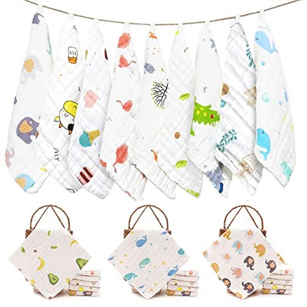 Set van 9 Baby Muslin Wasdoeken - 6 Laags Zachte Katoenen Gaas Handdoeken voor Peuters