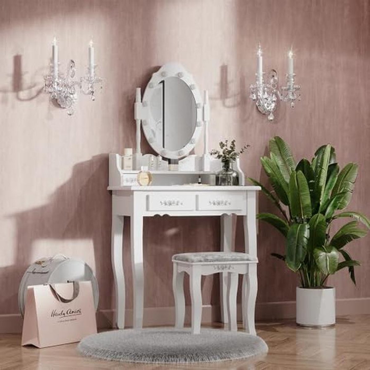 Make-uptafel met Kruk en LED Verlichting - Modern Barok Design 75 cm