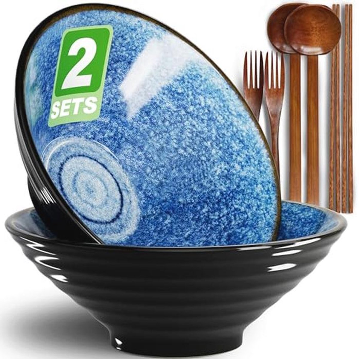 8 Inch Keramische Ramen Kommen - Set van 8 - Vaatwasser- en Magnetronbestendig voor Salades - Inclusief Eetstokjes, Vorken en Lepels - Perfect als Housewarming Cadeau