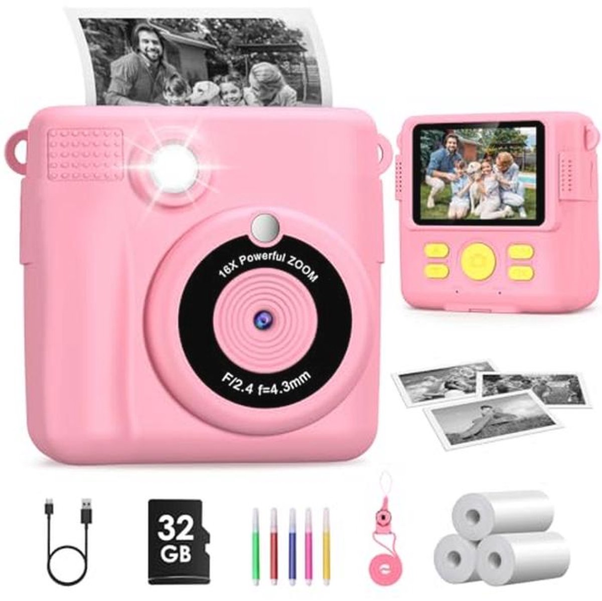 GreenKinder Children's Camera Instant Camera 1080P 2.4 Inch Screen Instant Camera for Kids with Print Paper and 32GB TF Card Digital Camera for Children 3-12 Years