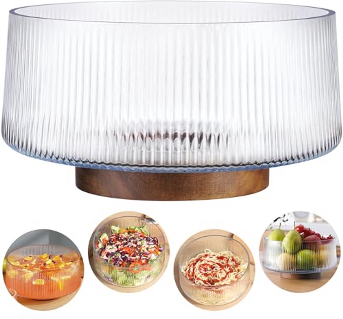 Extra Large 4500ml Glass Salad Bowl with Natural Wood Base for Dinners and Gatherings