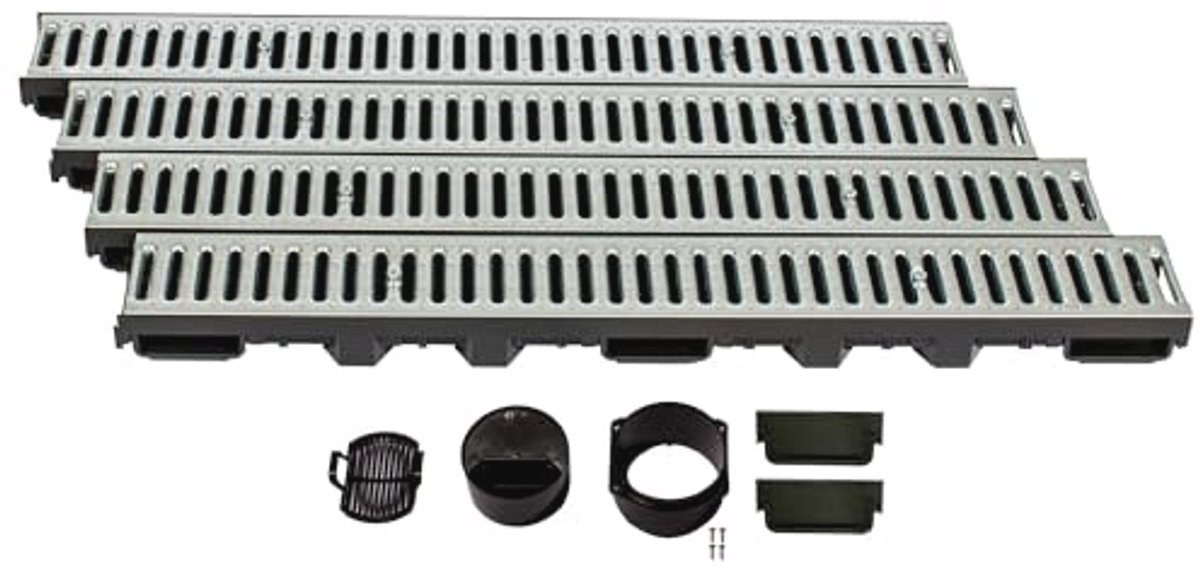 Afwateringsgoot set 4 meter - kunststof drainagekanaal met rooster - ideale regenwaterafvoer voor tuin en oprit