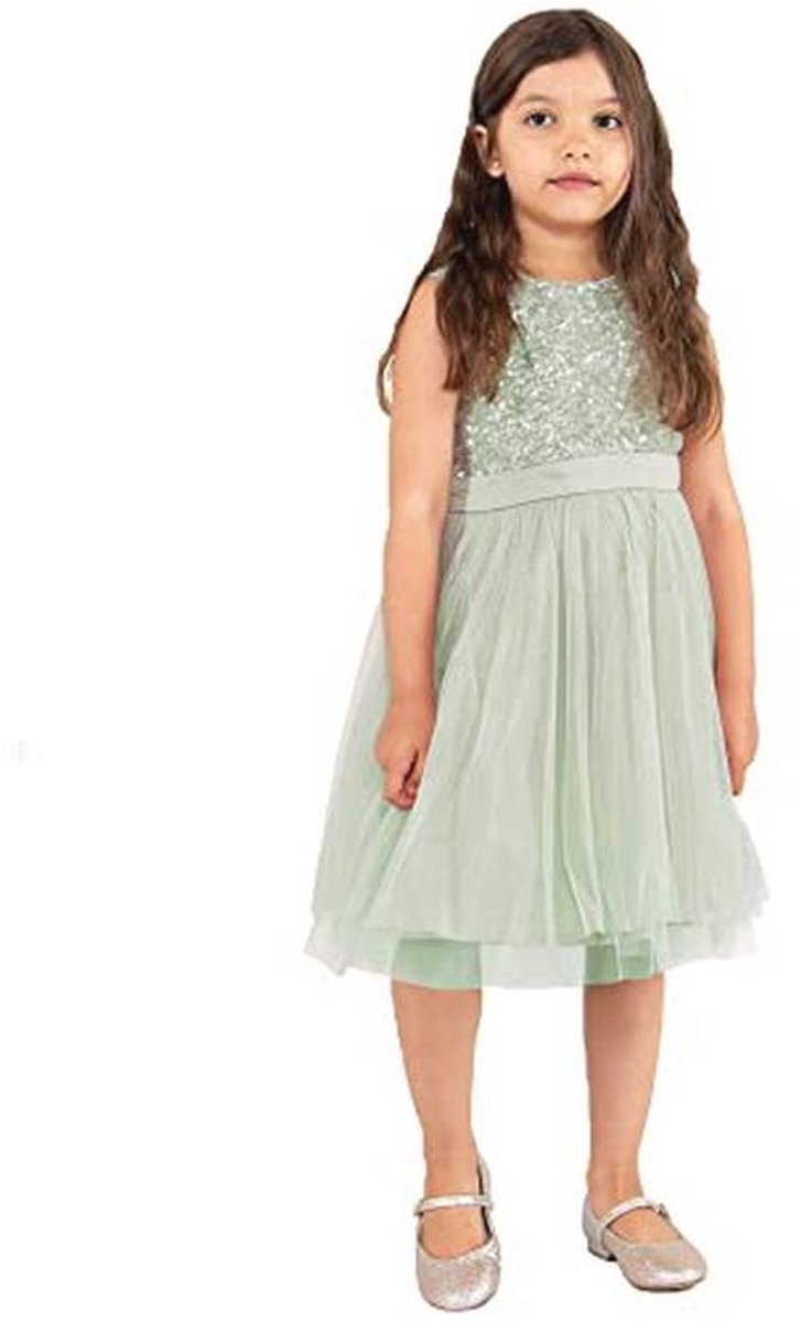 Maya Deluxe Midi-jurk voor meisjes, pailletten, feestjurk, tutu, bruidsmeisjes, bruiloft, met ceintuur, Groene Lelie, 5-6 jaar
