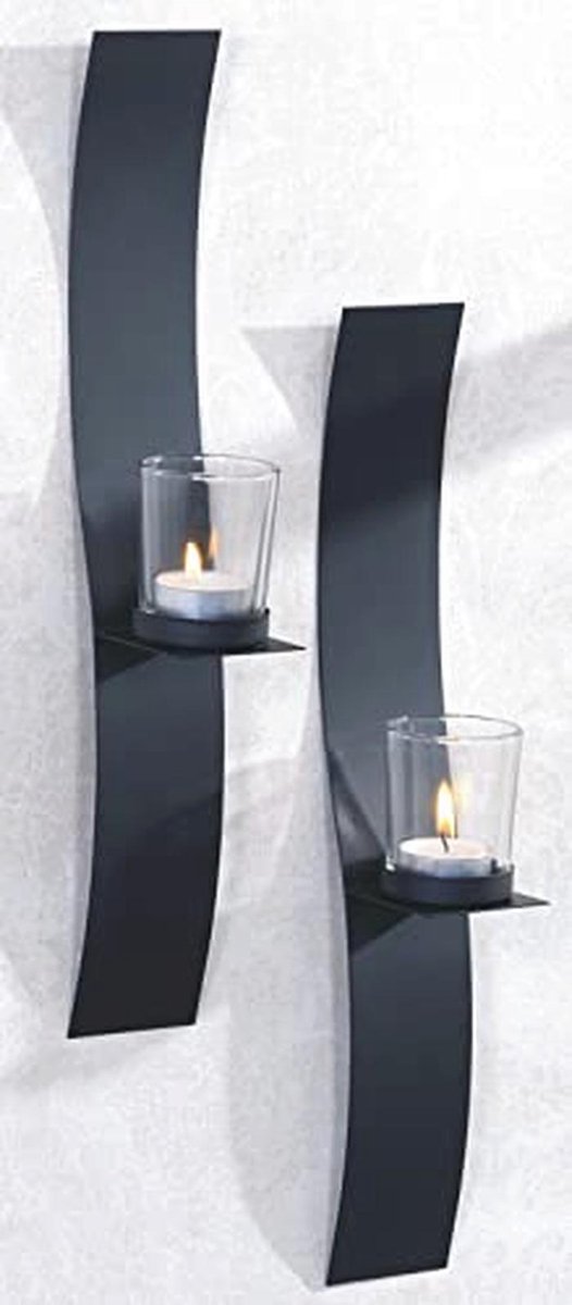 Wandkaarsenhouder van metaal met glas - Zwart - Decoratieve wanddecoratie voor woonkamer - Vintage stijl - Inclusief praktische sets