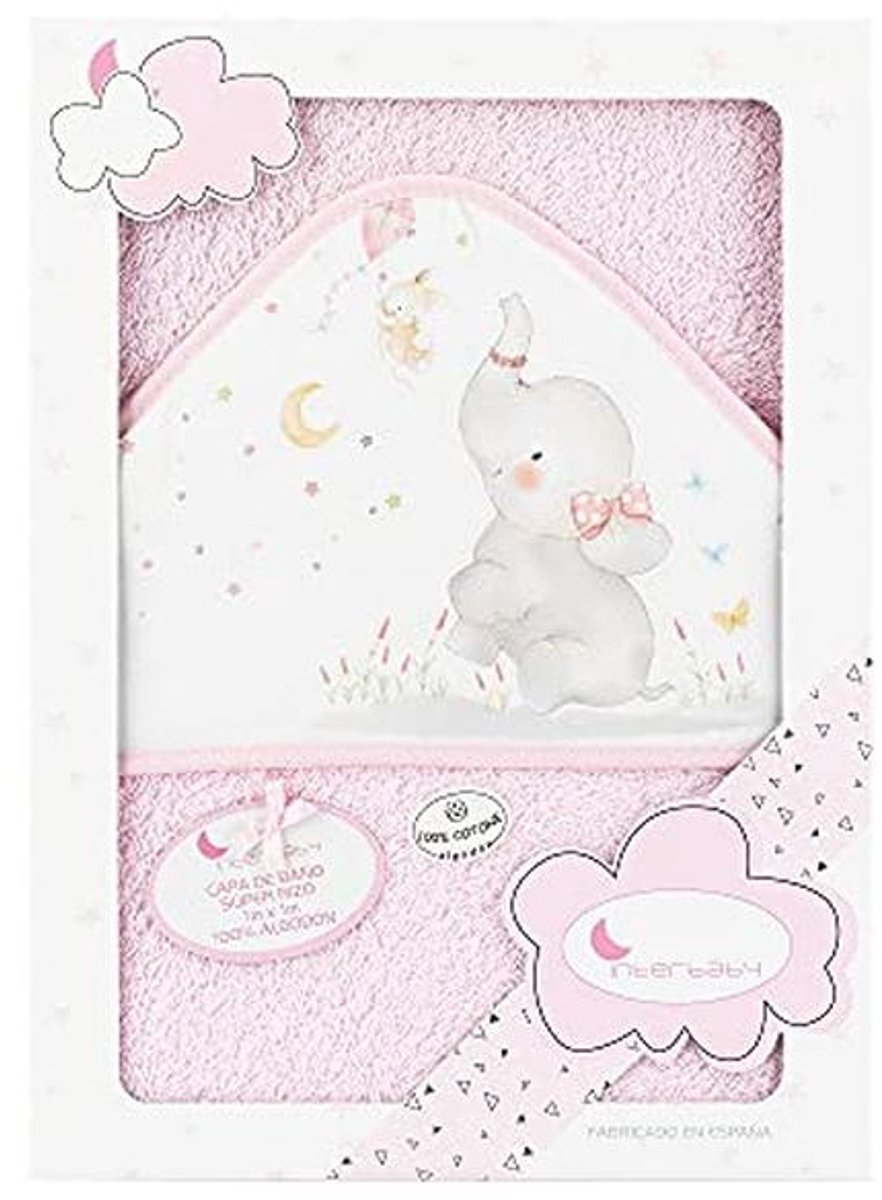 Zachte babybadcape met capuchon - 100% katoen, 100x100 cm, roze olifant