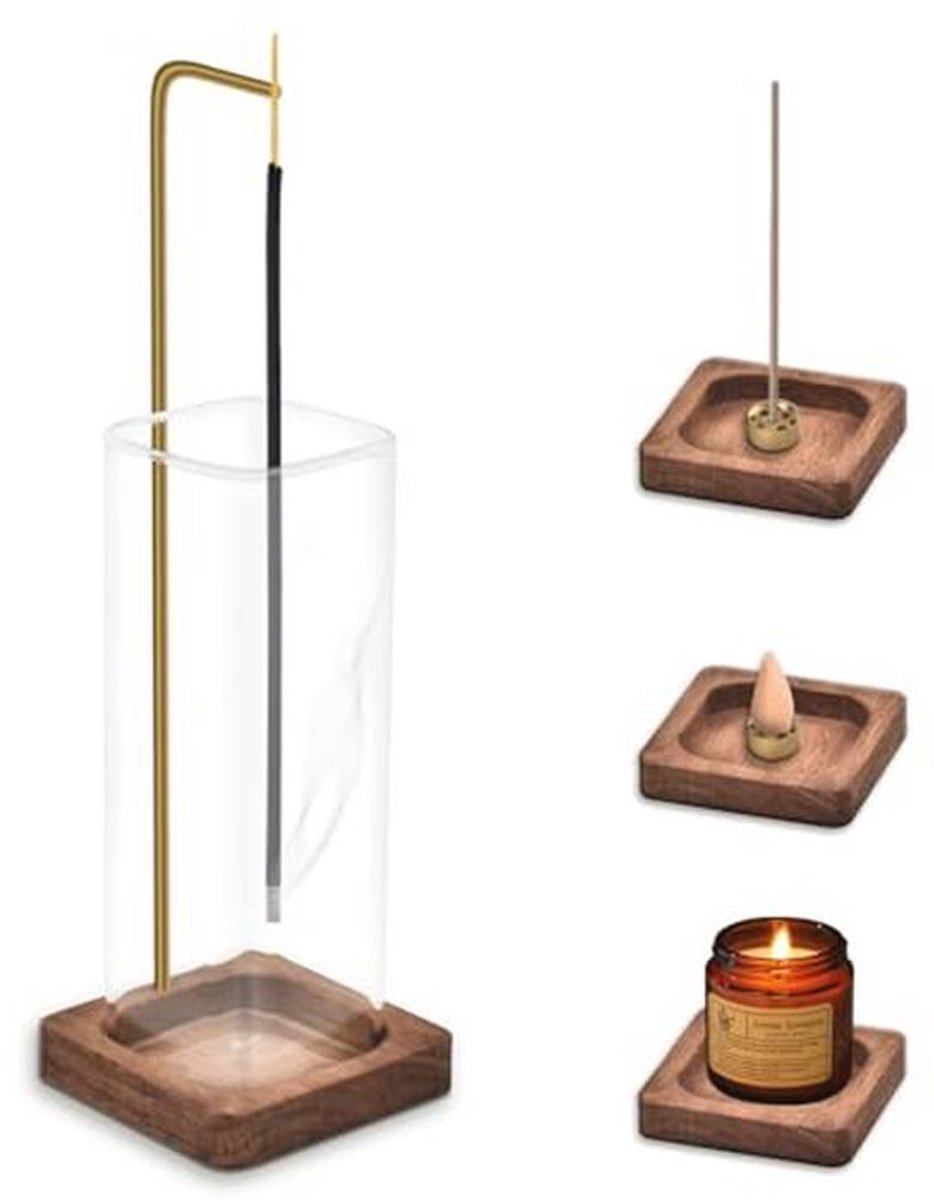Houten wierookstokjeshouder met afneembare asvanger van glas – Moderne stijl voor meditati