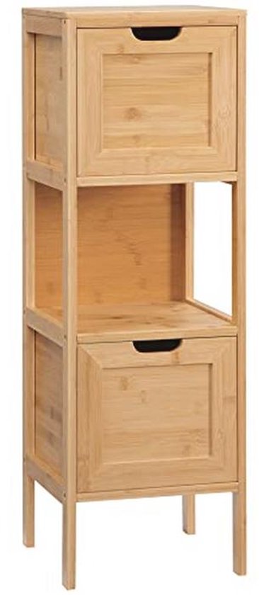 kleankin Badkamerkast op standaard, opbergkast op poten van bamboe, 2 afneembare laden en 1 plank, natuurlijk design, 30 x 30 x 90 cm, natuur