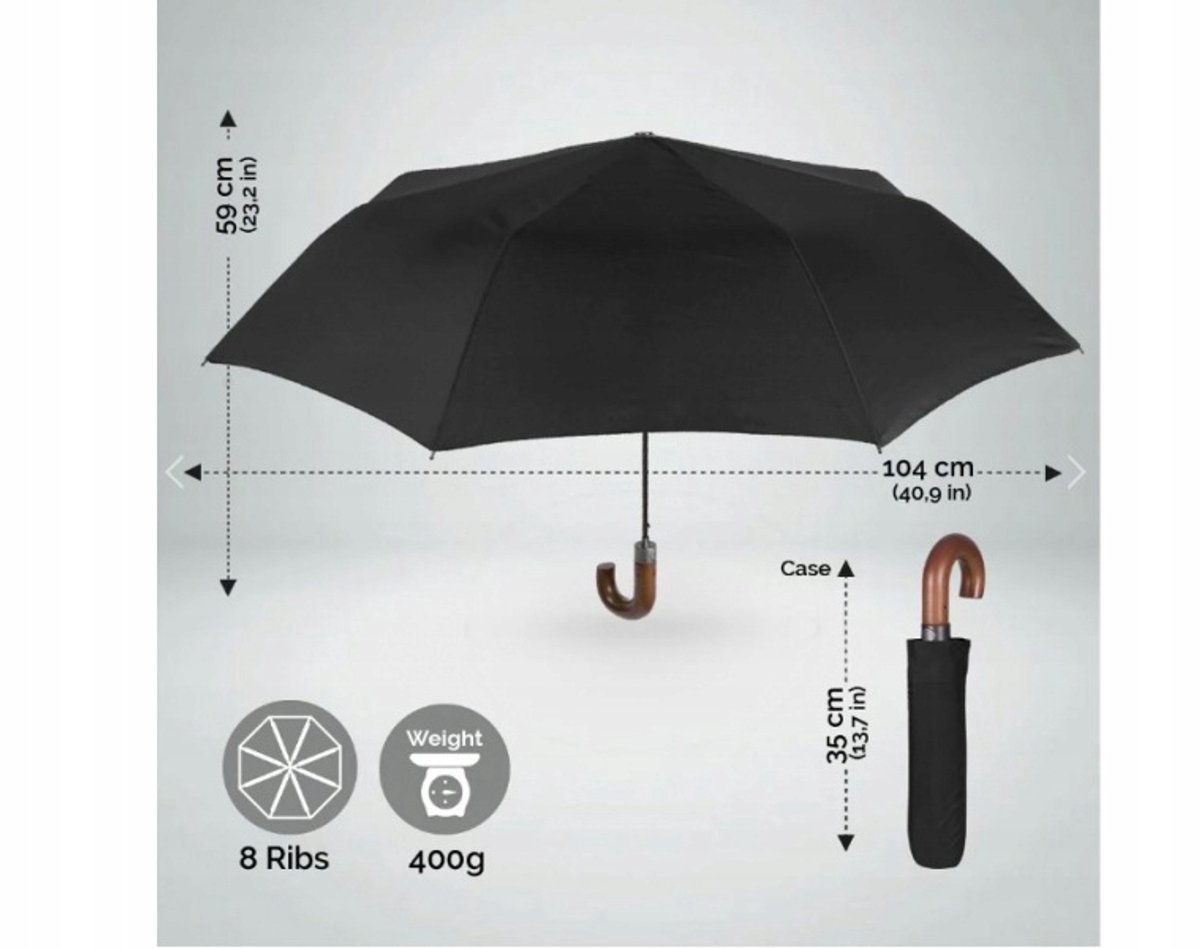 Perletti Automatische Paraplu Zwart, Opvouwbaar met Bruin Handvat & Hoes — cadeau in Sport & Outdoor - foto 4