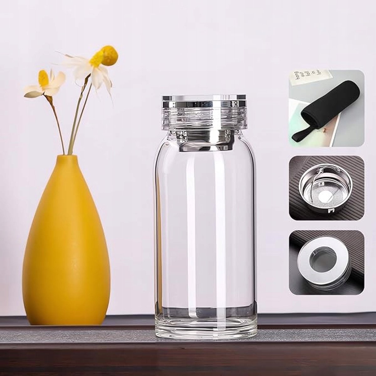 Glazen Waterfles met Hoes & Zeef - 600ml